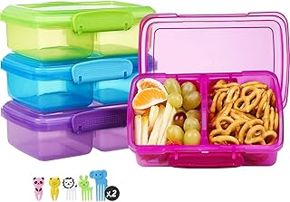 4 Pack Plastic Snack Containers with Lids, 2 Compartment Food Container for Kids Snack Box, Travel Bento Lunch Containers with forks for Fruits/Candies, Divided Food Storage Containers for School