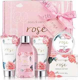 BODY & EARTH Spa Gift Set for Women - Luxurious 5 Pcs Bath and Body Box, Rose Scent, Includes Body Wash, Body Butter, Body Lotion and More, Birthday Christmas Gifts for Mom Self Care Kit for Her