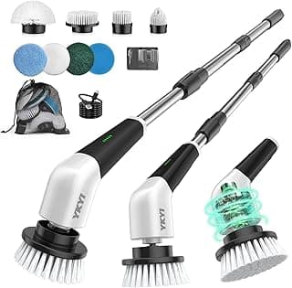 8 Brush Heads, 3 Handle Lengths, 2 Speeds, IPX7 Waterproof, 100-Minute Runtime for Tubs, Tile, Floors, Grout, Glass and Cars