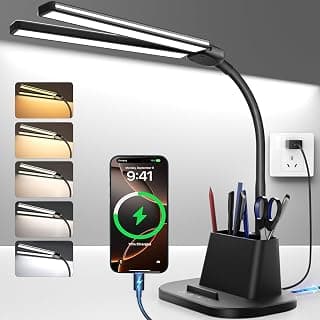 Desk Lamp with USB-C Charging Port and Organizer Base, LED Desk Light with Pen Holder, Phone Stand, 25 Lighting Modes, Flexible Gooseneck Touch Lamp for Home Office, Study Desk, College Dorm Room