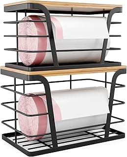 TIDIIABODE 2 Pack Stackable Storage Laundry Kitchen Organizers, Wall Mount Trash Bag Holder with Bamboo Top and Garbage Bag Dispenser No Drill