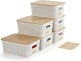 Bagnizer Small Plastic Storage Bins with Bamboo Lids 5.2qt Stackable Box Basket Pantry Decorative Containers Cute with Labels for Organizing Desktop Closet Office Cream White of 6 packs 10*7.2*4.1"
