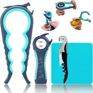 Multi-use Lid Opener Set with Non-slip Rubber Gripper Pad & Wine Opener, Great for Senior Parents, Grandparents or Loved Ones