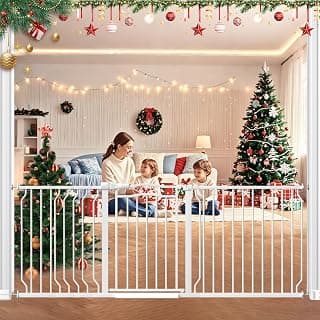Mornyray 67.3-81.1 Inch Extra Wide Baby Gate, Auto Close Dual Lock Dog Gate | Pressure Mounted Pet Gate for Doorways/Wide Openings, No Drill Walk Thru Safety Gate for Kids/Pets, One-Hand Operation,White