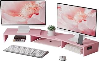 BONTEC Dual Monitor Stand Riser, Adjustable Length & Swivel Angle, Pink | Ergonomic Wooden Desktop Organizer with Smartphone Holder, Computer Monitor Stand for PC, Laptop,Printer and Large Storage
