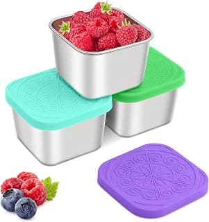Reusable small food containers with flexible silicone lids for fruit, school lunch, picnic, travel, meal prep