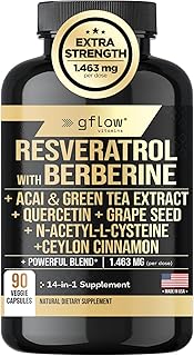 gflow vitamins Resveratrol Supplement with Berberine Green Tea Extract, Ceylon Cinnamon, Grape Seed & Quercetin1000mg Quercetin, N Acetyl cysteine, Acai | 100% Natural, Max Strength | Made in USA