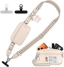 YFWE Clip and Go Phone Strap with Crossbody Wallet, Adjustable Phone Lanyard with Detachable RFID Wristlet Wallet, Anti-Theft Leather Purse with ID Window for Travel Essentials (Cream)