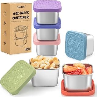 6 Oz Snack Containers with Lids for Kids - 6 Pack Lunch Box Accessories | Food-grade stainless steel, Easy-open silicone cover, BPA-free, Leak proof, Reusable, for daycare, Travel, Office, Meal prep
