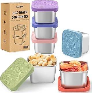6 Oz Snack Containers with Lids for Kids - 6 Pack Lunch Box Accessories | Food-grade stainless steel, Easy-open silicone cover, BPA-free, Leak proof, Reusable, for daycare, Travel, Office, Meal prep