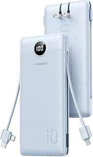 VEGER Portable Charger, 10000mAh Power Bank Built in Wall Plug and Cables | Ultra Slim&Compact, Charge 5 Devices at Once, Flight-Safe, Travel Essentials Battery Pack for iPhone 17, iPad, Samsung, etc