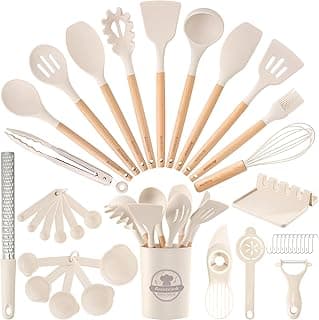 Astercook Kitchen Utensils set, 39 PCS Silicone Cooking Utensils Set with Wooden Handle, 446°F Heat Resistant Food Grade Utensil Sets, BPA Free Kitchen Gadgets Tools Set for Nonstick Cookware (Cream)