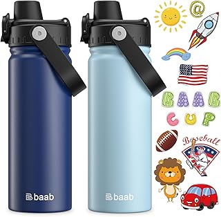 baab 18oz Kids Water Bottle, Insulated Kids Water Bottle with Lockable Spout Lid & Stickers, 18/8 Stainless Steel Vacuum Leakproof Kid Water Cup for Boy Girl School (Navy Blue+Light Blue, 2 Pack)