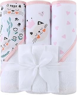Viviland 6 Pcs Hooded Baby Towels and Washcloths Set, Super Gentle Bath Towels for Newborn Face & Body, Absorbent Wash Cloth for Infants Girls, Flower-Cat Pattern, 28 x 28 inch