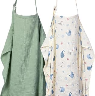ANYEDDE 2-Pack Nursing Cover for Baby Breastfeeding - Muslin Breastfeeding Covers for Women Nursing, Breathable, Soft Arch Neckline, Green & Whale