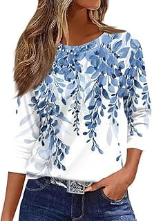 Womens Round Neck Blouse Loose Fit Casual Summer Top Three Quarter Sleeve