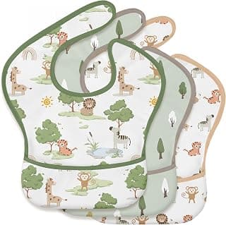 Lightweight & Wipeable Toddler Food Bibs, Large Catch-All Pocket, Food-Grade Baby Eating Essentials Gifts, Jungle Animals