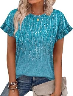 OFEEFAN Womens Tops 2026 Casual Round Neck Ruffle Cap Sleeve Blouse Shirts Basic Tunic Top Summer Outfits
