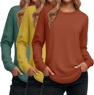 Ficerd 3 Pack Women's Long Sleeve Shirts | Cotton Tunic Sweatshirts, Loose Fit Curved Hem Pullover Sweaters, Crew Neck Casual Tops, Ladies' Fall Winter Clothes