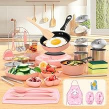 Kid Cooking Sets Real Mini Kitchen, Food Making for Beginner Children 8 9 10 11 12 Boys Girls Cooking Educational Toys, Junior Easy Safe Montessori Tools Dishes Knife Set-Pink