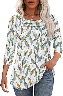 Womens Tops 3/4 Length Sleeve Blouses Dressy Casual Spring Summer Fall Outfits Pleated Front T Shirts Curved Hem