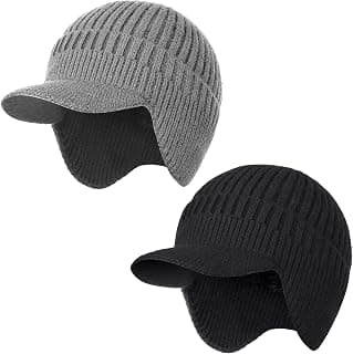 2Pack Men&Women Winter Warm Fleece-Lined Knit Beanie Hats with Brim & Ear Flaps for Cold Weather