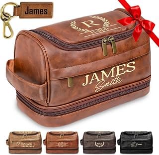 Personalized Toiletry Bag for Men, Custom Toiletries Bag Gifts for Men, Him, Birthday, Anniversary, Graduation, Groomsmen, Dad, Husband, Boyfriend, Leather Engraved Travel Cosmetic Shaving Hygiene Bag