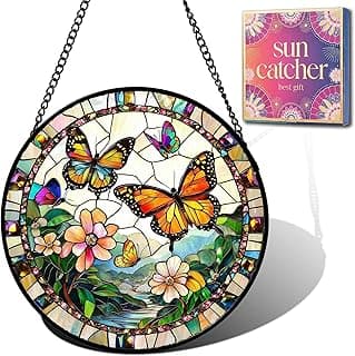 Butterfly Gifts for Mom - Flower Landscape Faux Stained Glass Window Hanging Sun Catcher for Door Garden Acrylic Decor Mother's Day for Women Nana Grandma Sisters Wife Mother 9.8"