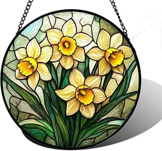 DASTOLL Stained Glass Window Hanging, Daffodil Plant Flowers Sun Catchers Diamond Glass Panel Hangings Suncatcher Decor for Birthday for Women, Men, Wife, Aunt, and Mom 6.3 in