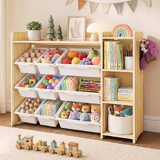 GITAWUSA Kids Toy Storage Organizer, Wooden Shelf with 3 Tiers and 9 Storage Bins, Nursery Room Organizer for Books and Toys, White and Natural Wood