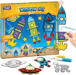 Imagimake Window Art Rocket | Low Mess Suncatcher Kit | 16 Pieces Glass Painting Set | Kids Activities Ages 5-8 | DIY Craft Kit | Birthday Gift for Boys & Girls Ages 5,6,7,8,9,10,12 Years Old