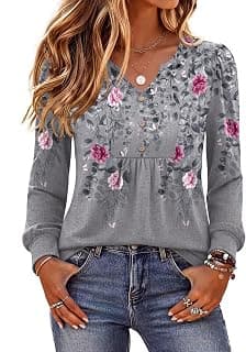 Henley Neck Blouses,Floral Boho Shirts,Business Casual Outfits,Loose Fit, Tunics To Wear With Legging,Going Out Tshirts