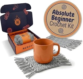 Adult crochet starter kit with yarn, hook & left and right-handed video tutorials. Learn to crochet 2 mug rugs