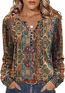 Fall Tops for Women Long Sleeve Button Up Shirts Floral Tunics V Neck Pullover Blouse