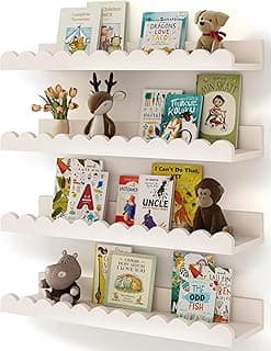 Shario Nursery Book Shelves, 4-Pack White Floating Shelves for Wall Kids, Scalloped Shelves, Wall Book Shelves for Bedroom Kids, Toddler Room, Baby Room, Nursery Decor