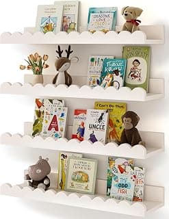 Shario Nursery Book Shelves, 4-Pack White Floating Shelves for Wall Kids, Scalloped Shelves, Wall Book Shelves for Bedroom Kids, Toddler Room, Baby Room, Nursery Decor