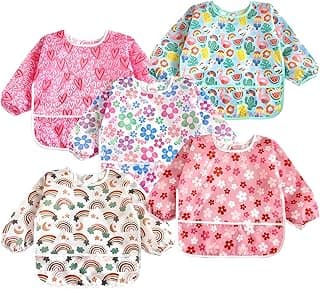 PandaEar 5 Pack Baby Long Sleeve Bibs| Waterproof Full Sleeve Bib for Baby Infant Toddler 6-36 Months