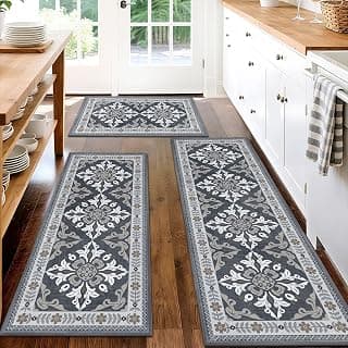 3 Piece Kitchen Rugs Set, Non Slip Washable Floor Mats with Water Absorbent | Soft Area Runner Mats for Kitchen, Office, Doorway and Laundry Room, Standing Comfort Mat, Kitchen Accessories, Grey