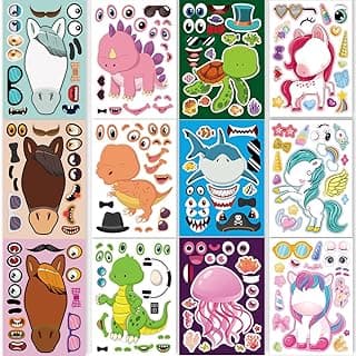 24 Sheets Make a Face Stickers for Kids Toddlers Party Favors Crafts | Make Your Own Animal Stickers with Unicorns Dinosaur Horse Sea Animals, Kids Activities Goodie Bags Stuffers, 8.3 x 5.9 Inch