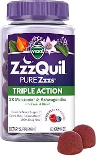 ZzzQuil PURE Zzzs Triple Action, Melatonin Gummies, Melatonin 6mg, 3X Melatonin, Sleep Aid with Ashwagandha, Calm Mood, Antioxidant Action, Sleep Aids for Adults, 60 Sleep Gummies