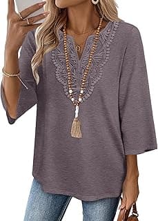 3/4 Length Sleeve Womens Tops Boho V Neck Lace Shirt Trendy Blouses Dressy Casual Vacation Clothes S-3XL