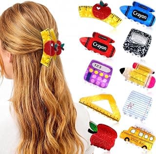 Best Amazon Buy Under: 10 Pack Back to School Hair Claw Clips for Teachers | 10 Assorted Designs Including Pencil, Apple, Crayon, Bus, Ruler and Book, Teacher First Day Outfits and Appreciation Gifts