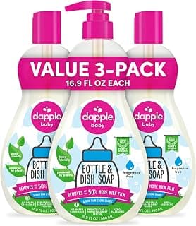 Dapple Baby Fragrance Free Bottle & Dish Soap - (3 Pack) 16.9 fl oz - Cleans Baby Bottles, Sippy Cups, Pacifiers, Breast Pumps, & More - Gently Removes Milk Film & Odors - Includes 1 Pump