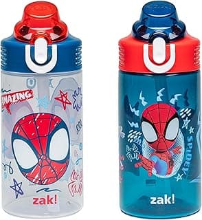 Zak Designs Marvel Spider-Man Sage Kids Water Bottle For School or Travel, 16oz Durable Plastic Water Bottle With Straw, Handle, and Leak-Proof Spout Cover, 2-Pack (Spidey and His Amazing Friends)