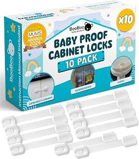 BooBoo Baby 10 Pack Premium Child Locks for Kitchen Cupboards | Child Proof Cabinet Locks, Drawer Locks Baby Proofing Cabinets - No Drilling, Extra Strong Adhesive + 4 Extra Stickers