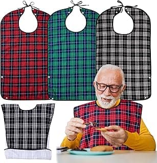 3 Pack Adult Bibs for Men, Clothing Protector with Crumb Catcher | Waterproof & easy-clean fabric, machine washable, 2 fastenings: snaps and neck strap, ideal gift for seniors, plaid style