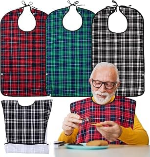 3 Pack Adult Bibs for Men, Clothing Protector with Crumb Catcher | Waterproof & easy-clean fabric, machine washable, 2 fastenings: snaps and neck strap, ideal gift for seniors, plaid style
