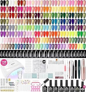 VANREESA 148Pcs Gel Nail Polish Kit with U V Light Almond Nail Tips Nail Drill -60 All Seasons Colors Gel Polish Set with 6Pcs Base Top Coat Gel Nail Kit for Beginners with Everything Gifts for Women