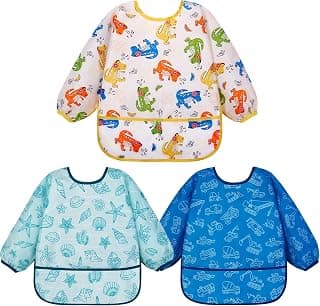 Lictin 3 Packs Baby Bibs for Boy or Girl, Cute Long Sleeve Bib | Waterproof Bibs for Toddlers,Adjustable Closure Baby Smock, Mess Proof Baby Bib, 6-24 Months Reusable Infant Baby Bibs