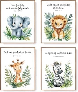 LARTSFRO Woodland Nursery Animals Bible Verse Decor Wall Art Prints Poster, Cute Baby Forest Nursery Room Bedroom Bathroom Playroom Wall Art Decor for Nursery Kids Teen Girls Gifts, Christian Classroom Wall Decor, 10x8 Inch Set of 4 Pcs Gifts for Kids Pictures (UNFRAMED)